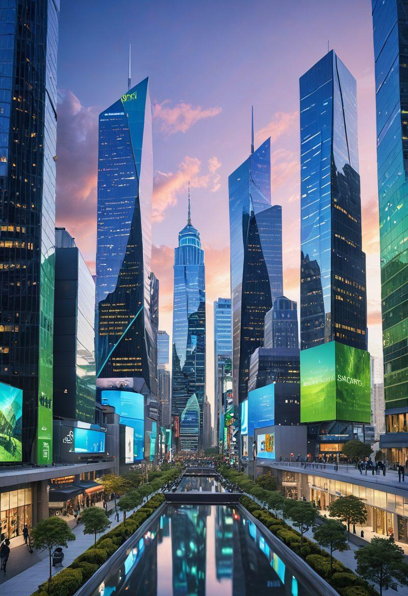 A futuristic cityscape blending digital elements with traditional architecture, showcasing diverse individuals using their devices to compare web-based insurance solutions. Include vibrant screens displaying insurance quotes, graphs, and icons symbolizing security and affordability. The sky is filled with abstract technology motifs and hints of green solutions to signify sustainability. The scene conveys a sense of trust and innovation. super-realistic. vibrant colors. white background.