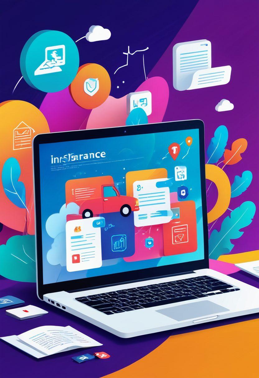 An artistic representation of a digital landscape filled with floating icons representing various types of insurance (like health, life, auto). An open laptop in the foreground displaying a webpage with quotes transforming into claims, surrounded by vibrant colors and playful illustrations of people reviewing insurance options. The background includes abstract elements symbolizing virtual navigation. vibrant colors. vector art.